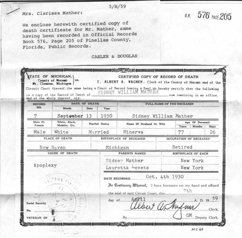 Sidney W. Mather's Death Certificate